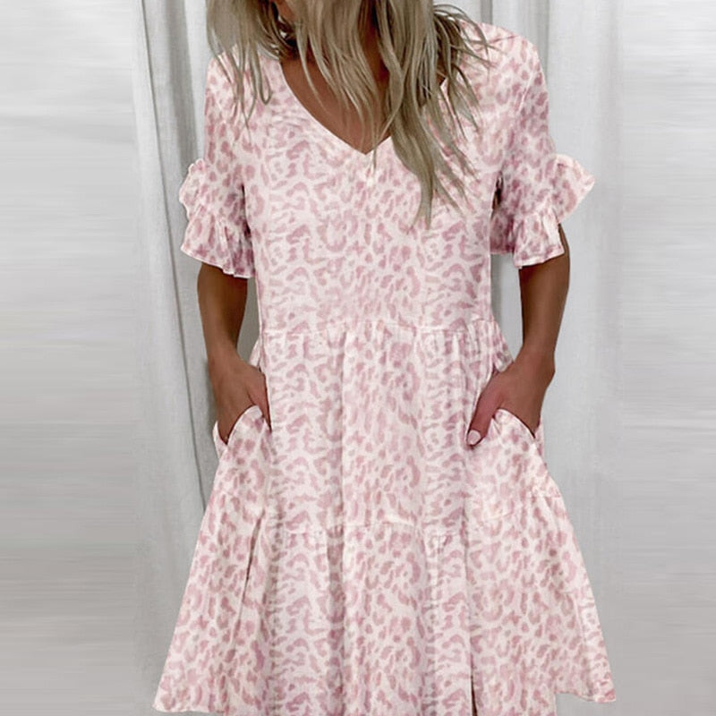 Elegant Floral Print Ruffle Women Mini Dress New Casual Short Sleeve Party Dress Ladies 2023 Summer Sexy V-Neck Dresses Vestidos