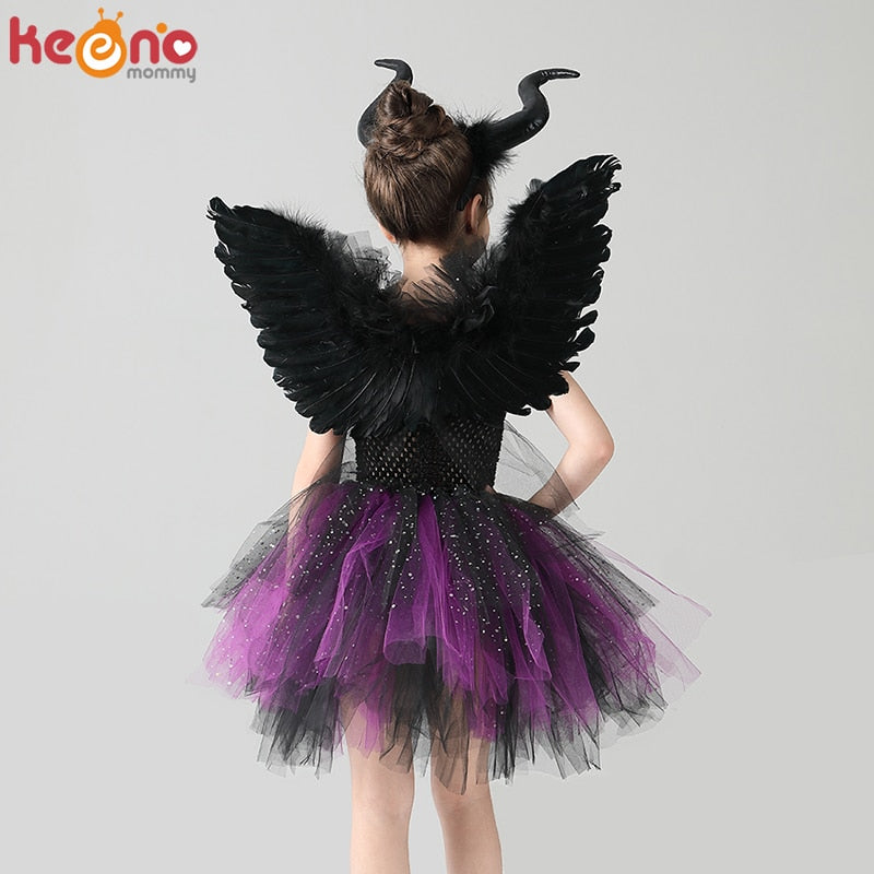 Girls Evil Dark Fairy Witch Tutu Dress with Horns and Wings Sparkly Kids Halloween Cosplay Party Costume Fancy Evil Devil Dress