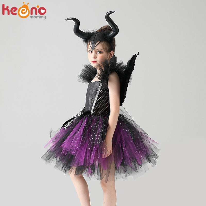 Girls Evil Dark Fairy Witch Tutu Dress with Horns and Wings Sparkly Kids Halloween Cosplay Party Costume Fancy Evil Devil Dress