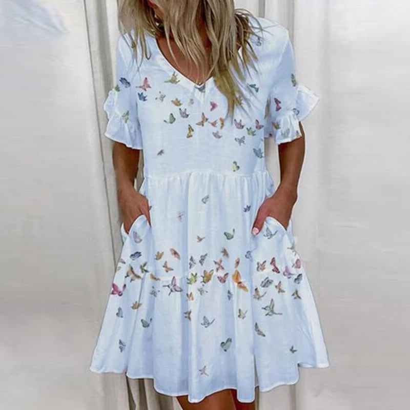 Elegant Floral Print Ruffle Women Mini Dress New Casual Short Sleeve Party Dress Ladies 2023 Summer Sexy V-Neck Dresses Vestidos