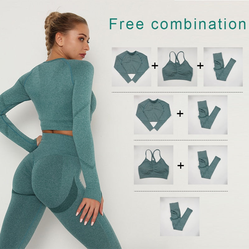 1PC Single free combination Seamless Yoga Set Women Workout Sportswear Gym Clothing Fitness suits Long Sleeve+Leggings+Sport Bra