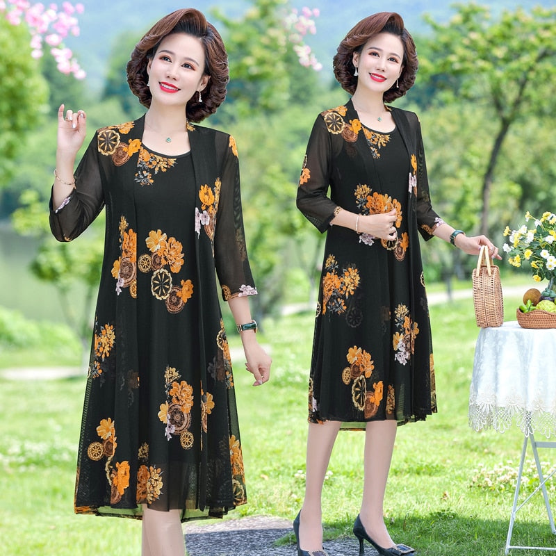 Summer Floral Print 2 piece set dress cardigan women party midi dresses elegant vintage robe femme 5xL