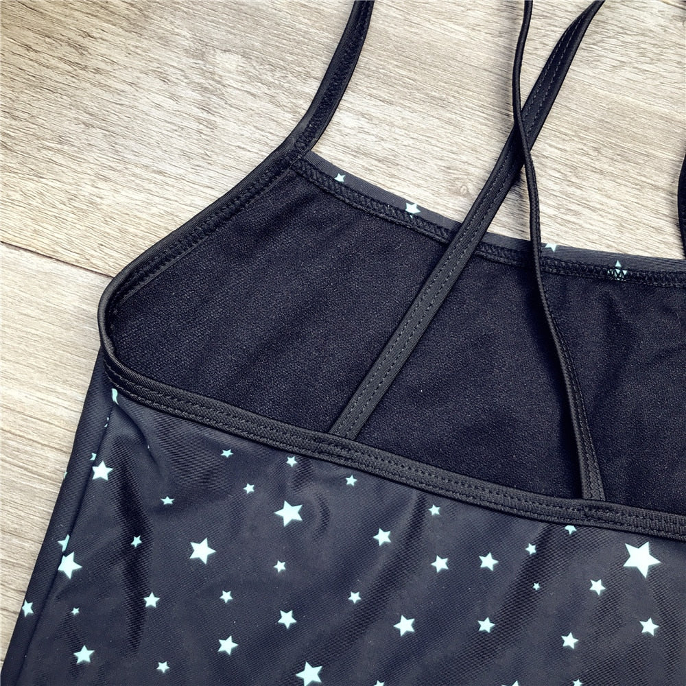 Girls One Piece Swimwear Black Star Pattern Girl Bodysuit Children Swimsuits Kids Bathing Suits 5-12 Years Girls Swim Beach Wear