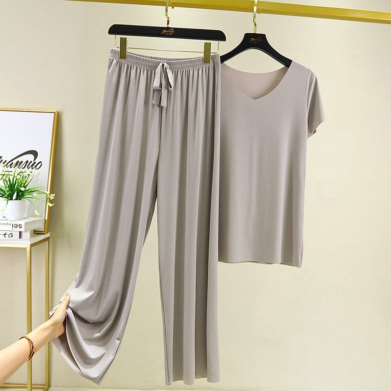 Summer Two Piece Set Women T Shirt and Pants Ice Silk Trouser Suits Loose 2 Piece Sets Womens V Neck T Shirts and Wide Leg Pants