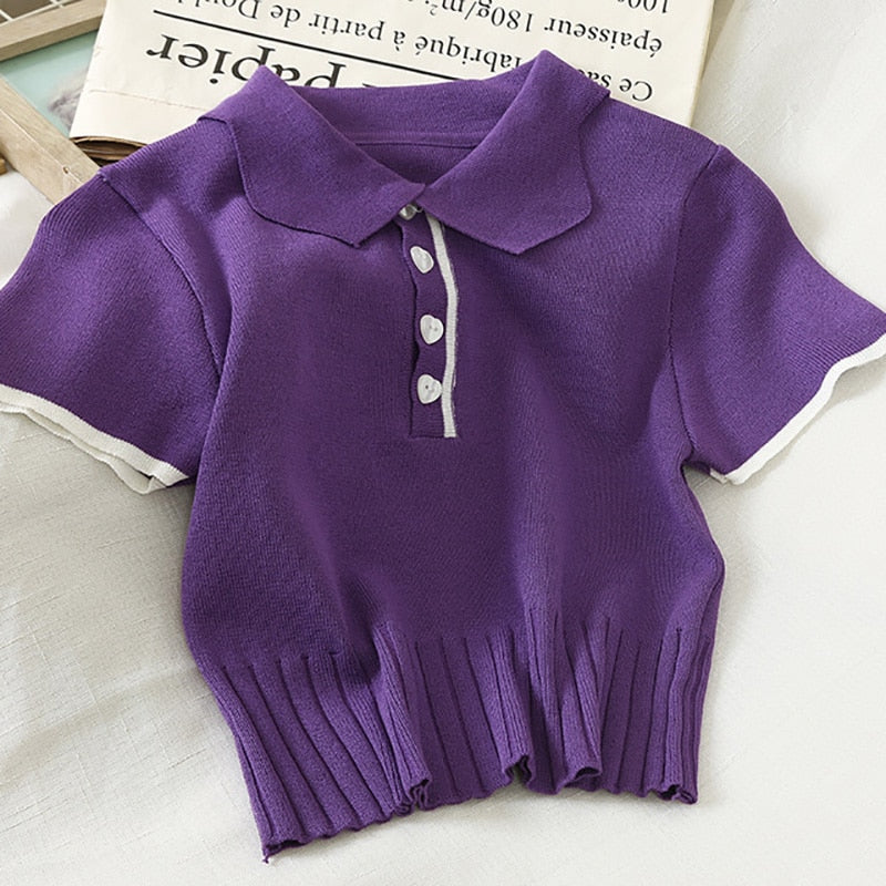 ITOOLIN Summer 2022 Women's Polo Shirts Slim Cute Crop Tops Female Button Up T-shirt Knitted Blouses Femme Short Sleeve Polo Tee