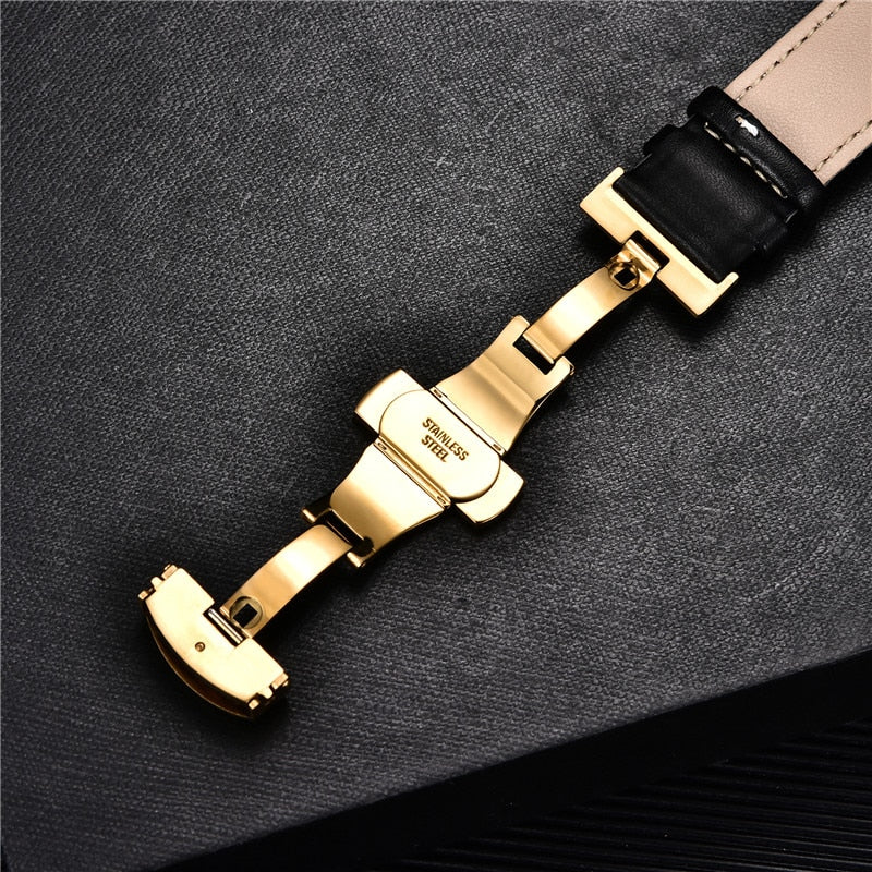 Smooth Genuine Calfskin Leather Watchband 18mm 20mm 22mm 24mm Straps with Solid Automatic Butterfly Buckle Business Watch Band