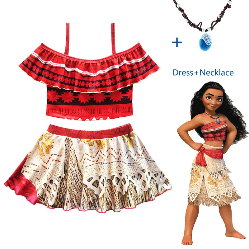 Princess Moana Cosplay Costume for Children Vaiana dress Costume with Necklace for Halloween Costumes for Kids Girls Gifts