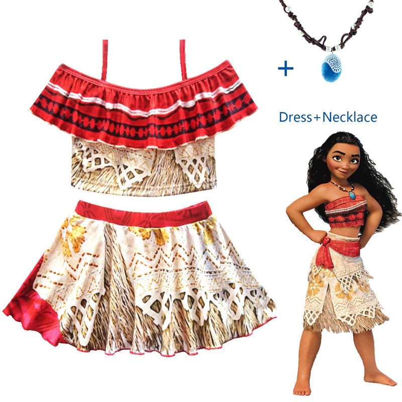 Princess Moana Cosplay Costume for Children Vaiana dress Costume with Necklace for Halloween Costumes for Kids Girls Gifts