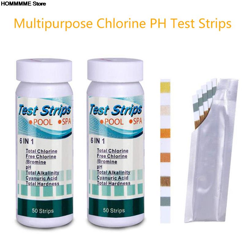 50 Pcs/Bottle 6 In 1 Multipurpose Chlorine PH Test Strips SPA Swimming Pool Water Tester Paper