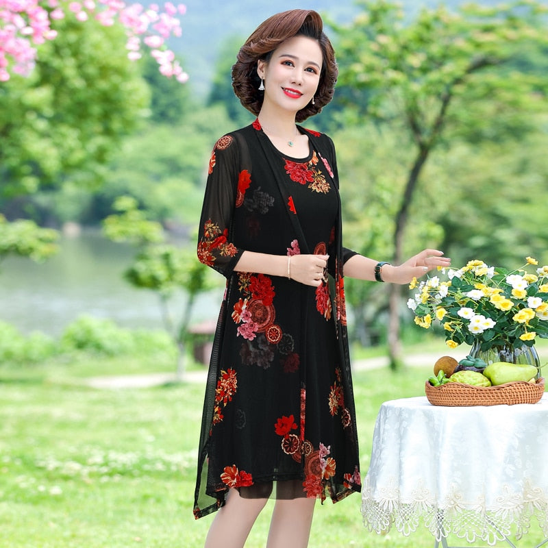 Summer Floral Print 2 piece set dress cardigan women party midi dresses elegant vintage robe femme 5xL