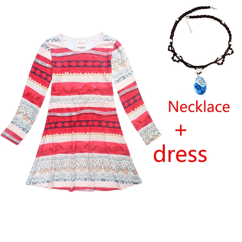 Princess Moana Cosplay Costume for Children Vaiana dress Costume with Necklace for Halloween Costumes for Kids Girls Gifts