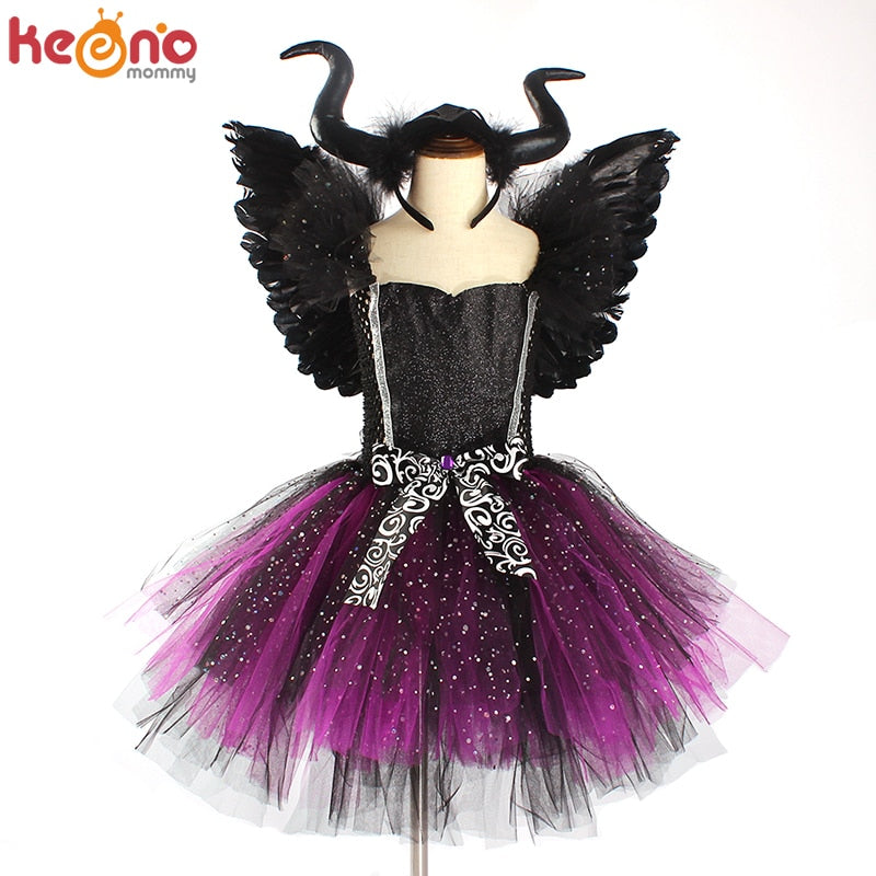Girls Evil Dark Fairy Witch Tutu Dress with Horns and Wings Sparkly Kids Halloween Cosplay Party Costume Fancy Evil Devil Dress