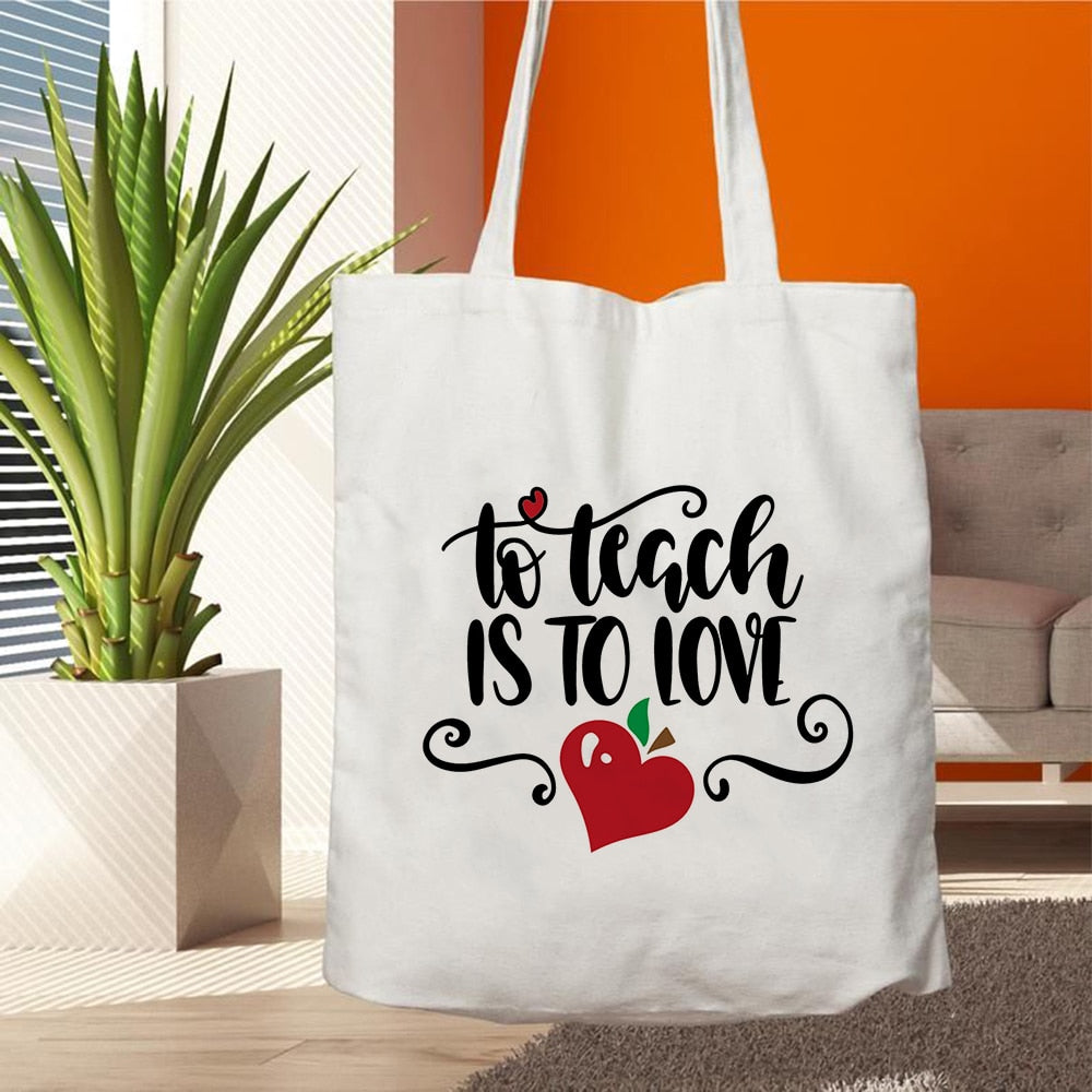 Teacher Life Canvas Shopping Tote Bag Reusable Love Printing Women Eco Shoulder Bag Book Bag Gift for Teacher Handbag Shopper