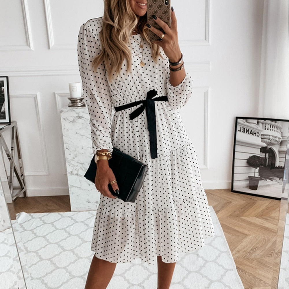 Vintage Polka Dot Sashes A-line Party Women Dress Long Sleeve O neck Ruffled Elegant Midi Dress 2021 Summer Holiday Dress Boho