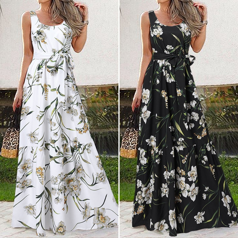 Summer Bohemian Holiday Long Dress Celmia Floral Print Beach Dress Women Sleeveless Maxi Sundress Casual Loose Party Vestidos