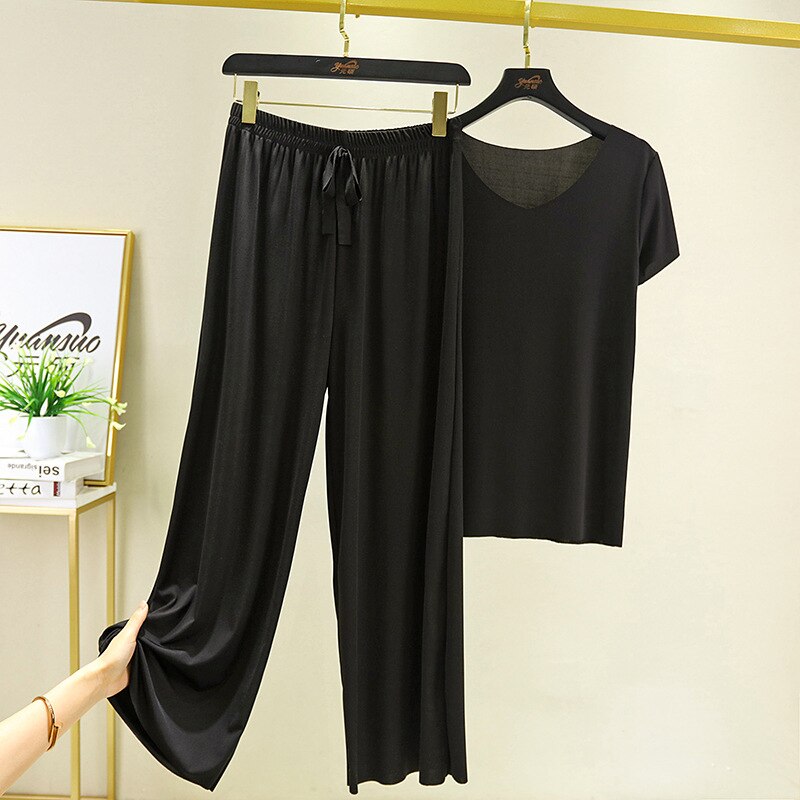 Summer Two Piece Set Women T Shirt and Pants Ice Silk Trouser Suits Loose 2 Piece Sets Womens V Neck T Shirts and Wide Leg Pants