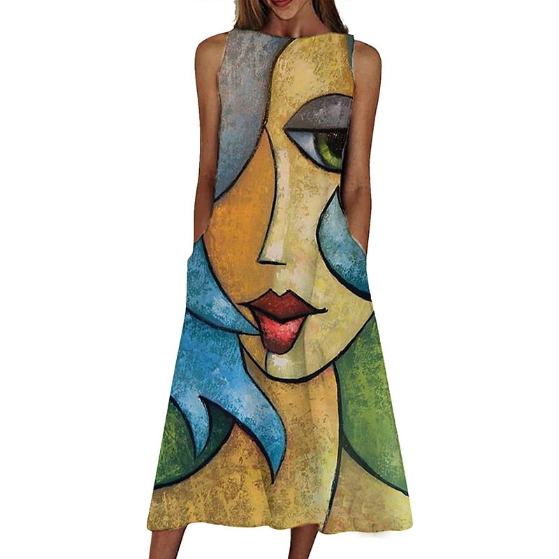 Abstract Print Sleeveless Dress Women Summer Casual Vintage Elegant Tank Loose Robe Beach Round Neck Maxi Dresses Vestidos S-5XL