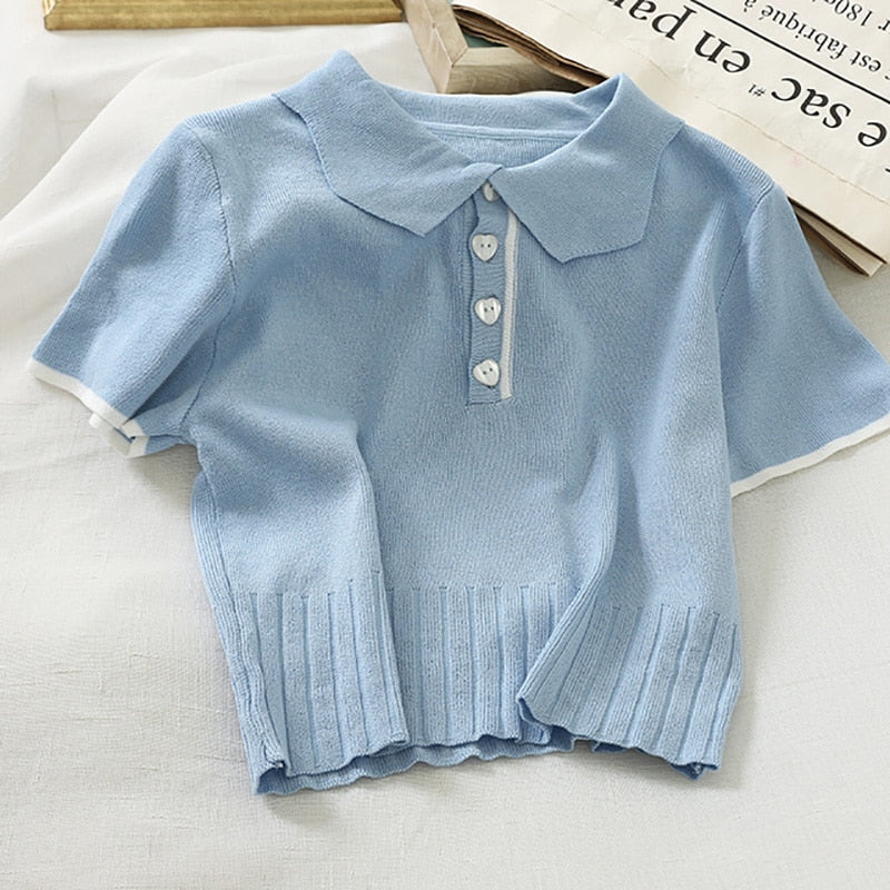 ITOOLIN Summer 2022 Women's Polo Shirts Slim Cute Crop Tops Female Button Up T-shirt Knitted Blouses Femme Short Sleeve Polo Tee