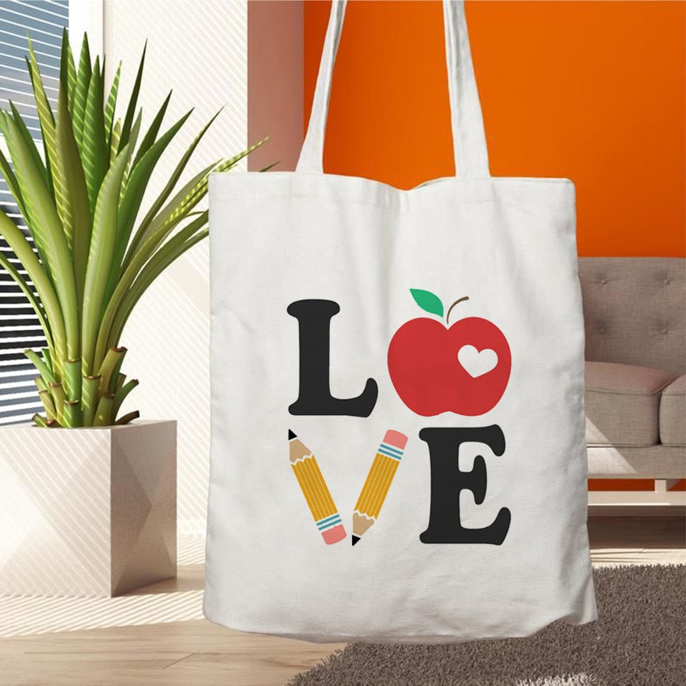 Teacher Life Canvas Shopping Tote Bag Reusable Love Printing Women Eco Shoulder Bag Book Bag Gift for Teacher Handbag Shopper