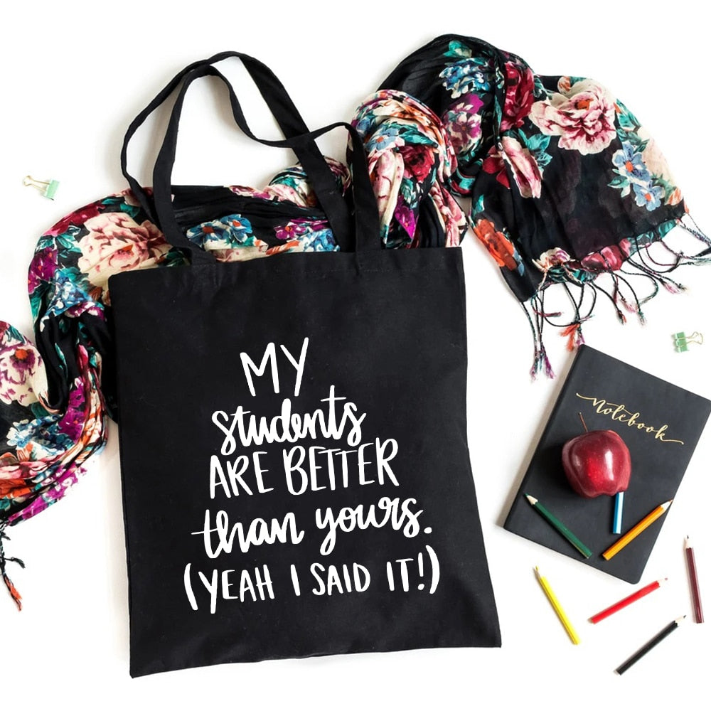 I'm A Teacher What's Your Superpower Teacher Life Canvas Black Shopping Tote Bag Reusable Shoulder Cloth Book Bag Gift Handbag