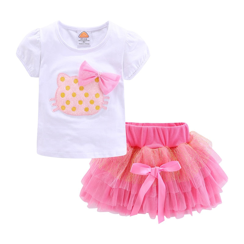 Mudkingdom Cute Summer Girls Outfits Cartoon Cat T-shirt and Tutu Skirt Set for Girl Princess Clothes Suit Children Clothing