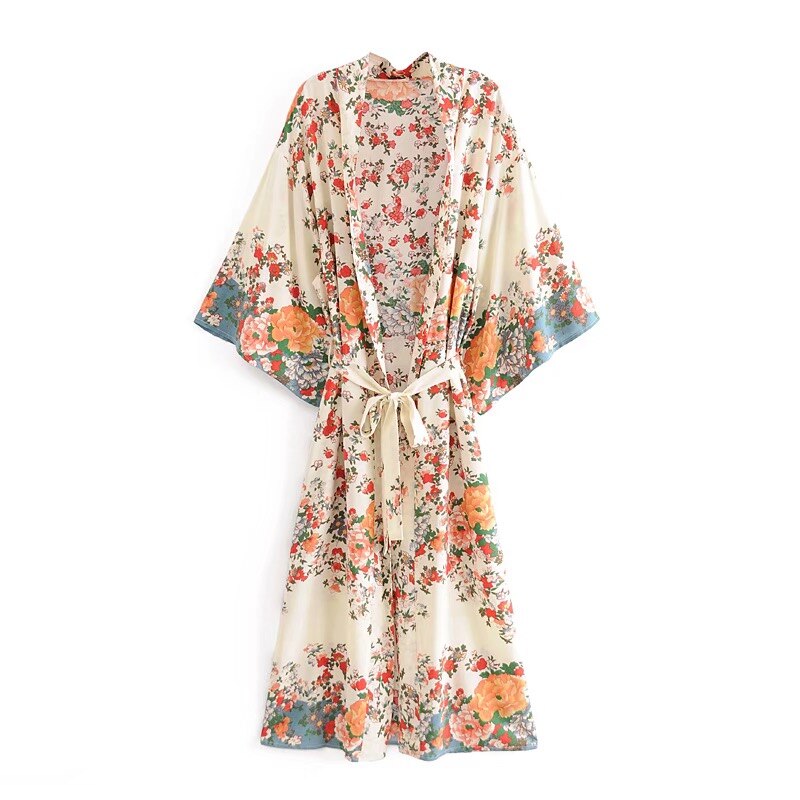 BOHO Location Floral Print Long Kimono Shirt Beige Hippie Women Lacing up Tie Bow Sashes Long Cardigan Loose Blouse Tops Holiday