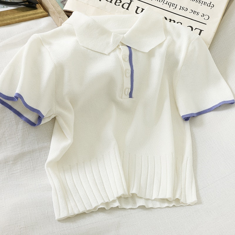 ITOOLIN Summer 2022 Women's Polo Shirts Slim Cute Crop Tops Female Button Up T-shirt Knitted Blouses Femme Short Sleeve Polo Tee