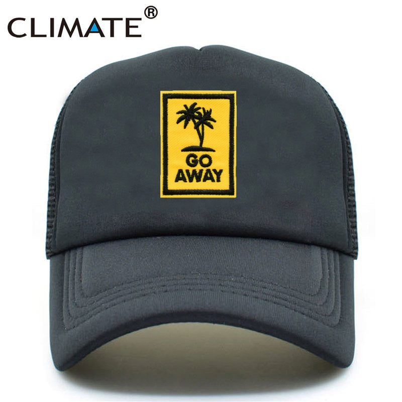 CLIMATE Go Away Trucker Cap Hat Seaside Vacation Caps Sandbeach Coconut Holiday Mesh Cap HipHop Hat for Men Women Youth