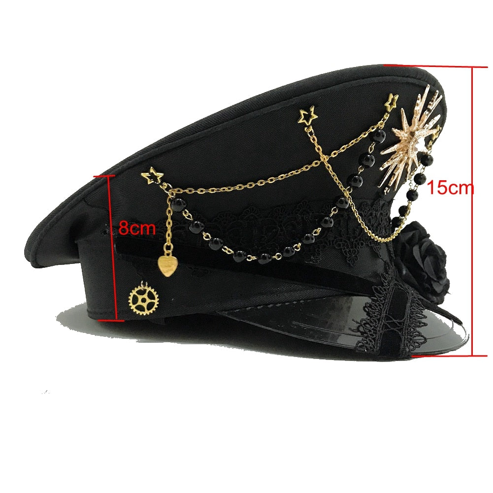 Black Cross Gothic Lolita Military Hat Cap for Women Female Sailor Captain Flat Steampunk Carnival Halloween Hair Accessories