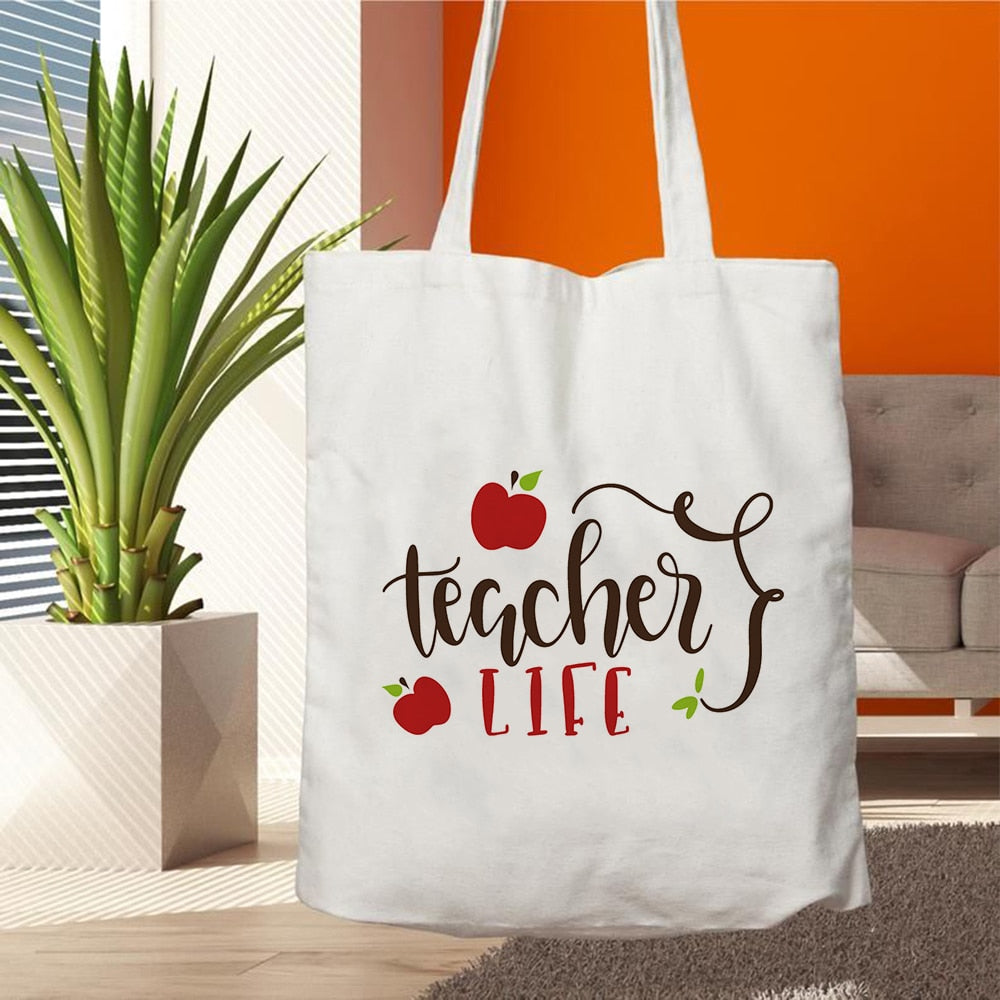 Teacher Life Canvas Shopping Tote Bag Reusable Love Printing Women Eco Shoulder Bag Book Bag Gift for Teacher Handbag Shopper