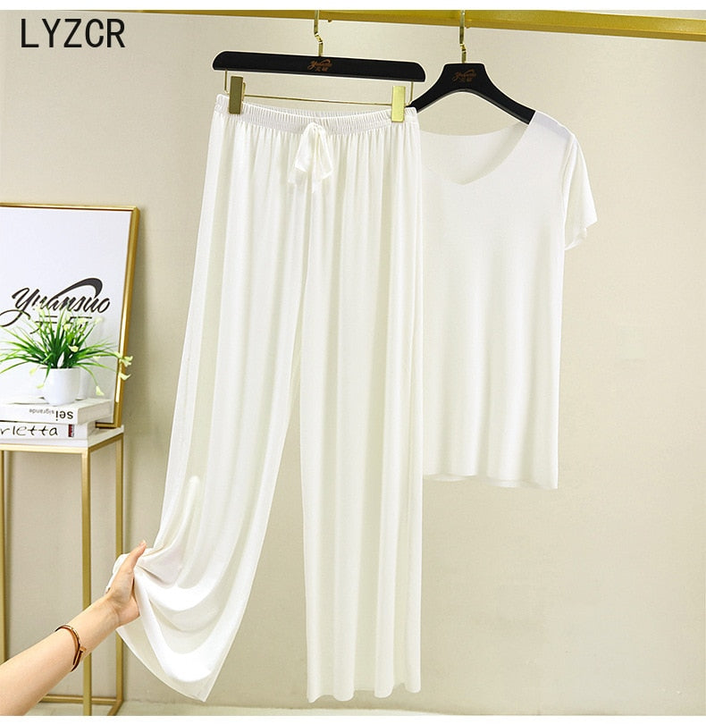 Summer Two Piece Set Women T Shirt and Pants Ice Silk Trouser Suits Loose 2 Piece Sets Womens V Neck T Shirts and Wide Leg Pants