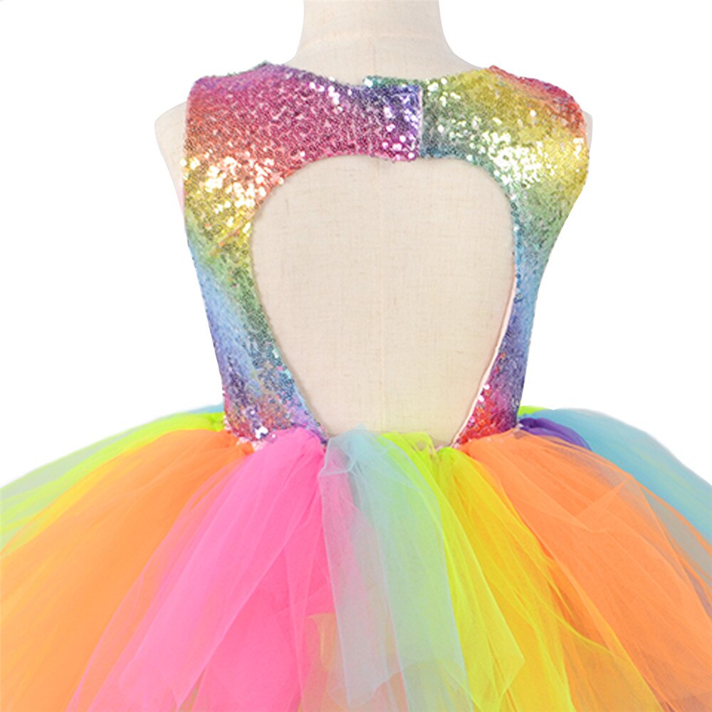 Rainbow Sequins Tutu Dress for Kids Fashion Backless Sleeveless Tulle Dress Girls Clothes Colorful Children Girl Party Dress 2-8