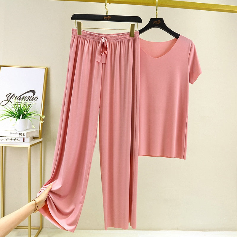 Summer Two Piece Set Women T Shirt and Pants Ice Silk Trouser Suits Loose 2 Piece Sets Womens V Neck T Shirts and Wide Leg Pants