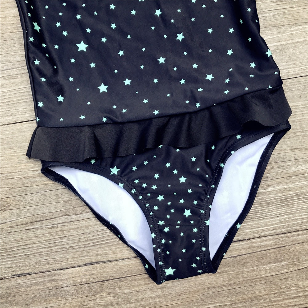 Girls One Piece Swimwear Black Star Pattern Girl Bodysuit Children Swimsuits Kids Bathing Suits 5-12 Years Girls Swim Beach Wear
