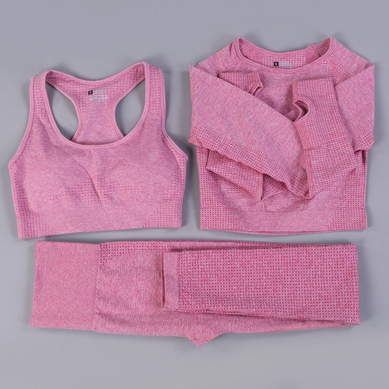 GYMS 2/3PCS Seamless Women Yoga Set Workout Sportswear Gym Clothing Fitness Long Sleeve Crop Top High Waist Leggings Sports Suit