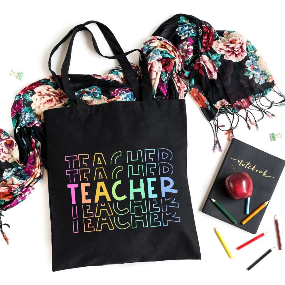 I'm A Teacher What's Your Superpower Teacher Life Canvas Black Shopping Tote Bag Reusable Shoulder Cloth Book Bag Gift Handbag