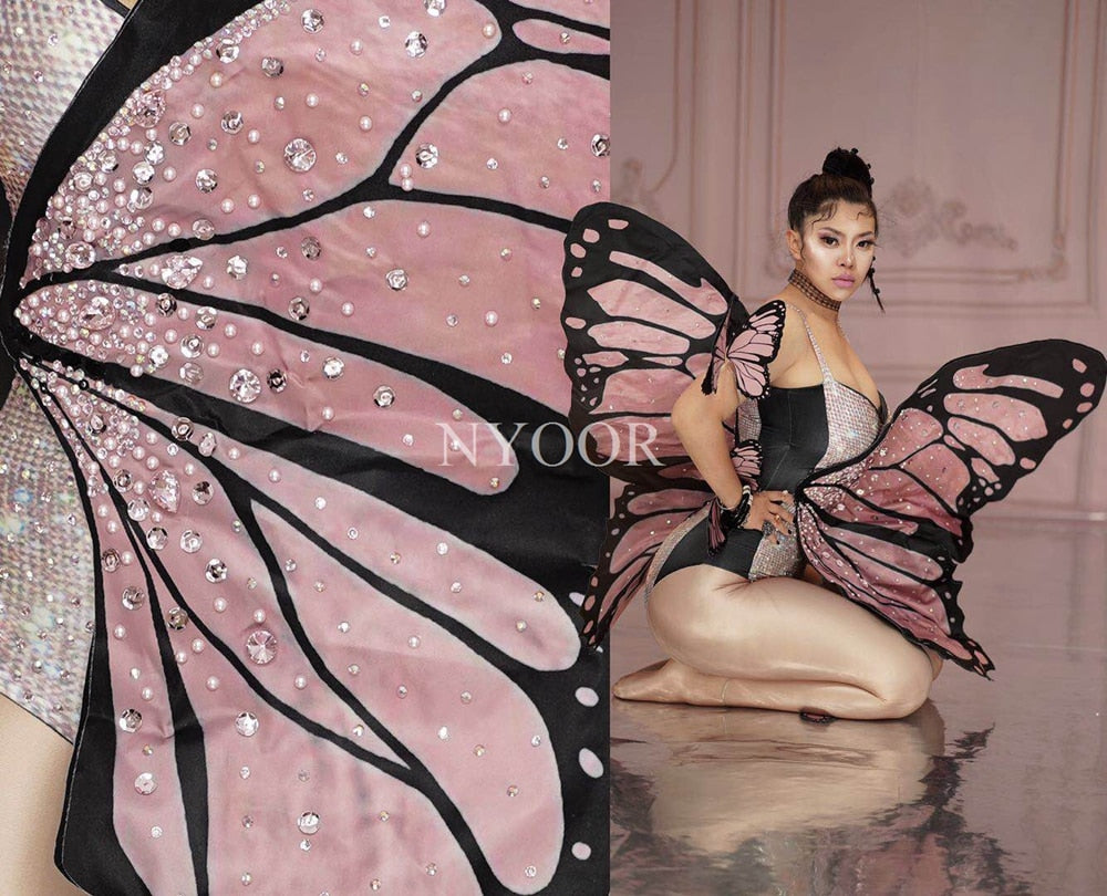 Bling Pink Butterfly Wings Rhinestones Bodysuit Dance Costume Women Party Show Performance Stage Wear Halloween Cosplay Costume