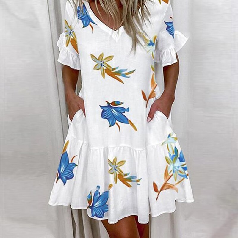 Elegant Floral Print Ruffle Women Mini Dress New Casual Short Sleeve Party Dress Ladies 2023 Summer Sexy V-Neck Dresses Vestidos