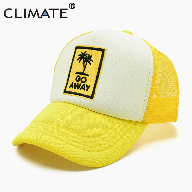 CLIMATE Go Away Trucker Cap Hat Seaside Vacation Caps Sandbeach Coconut Holiday Mesh Cap HipHop Hat for Men Women Youth