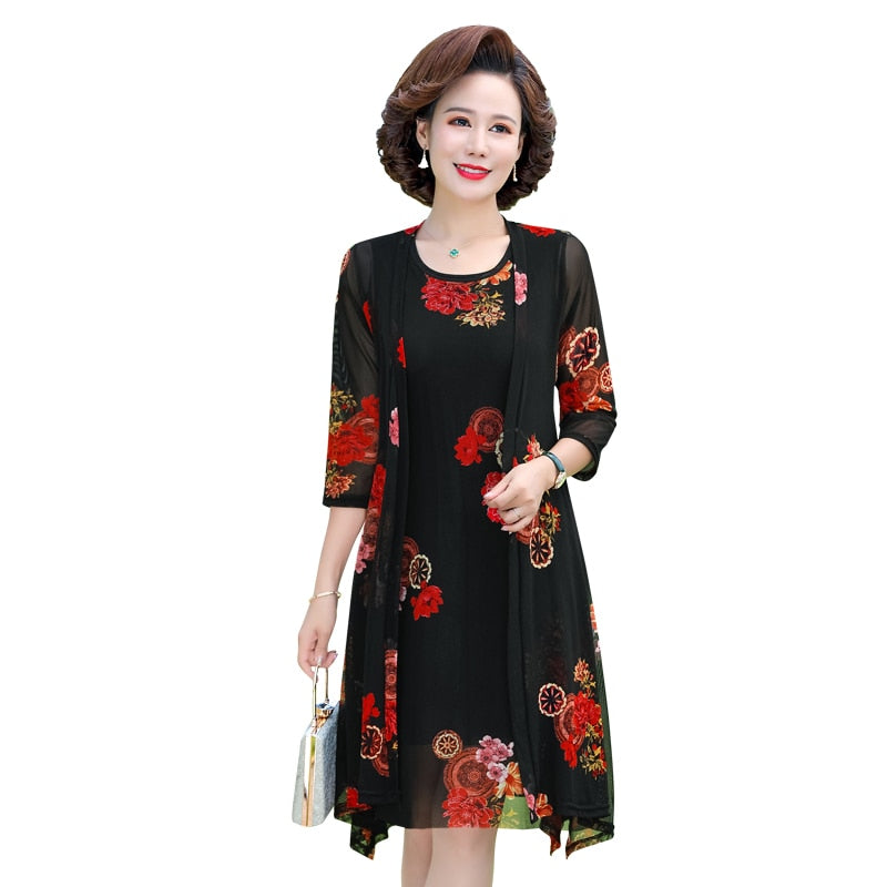 Summer Floral Print 2 piece set dress cardigan women party midi dresses elegant vintage robe femme 5xL