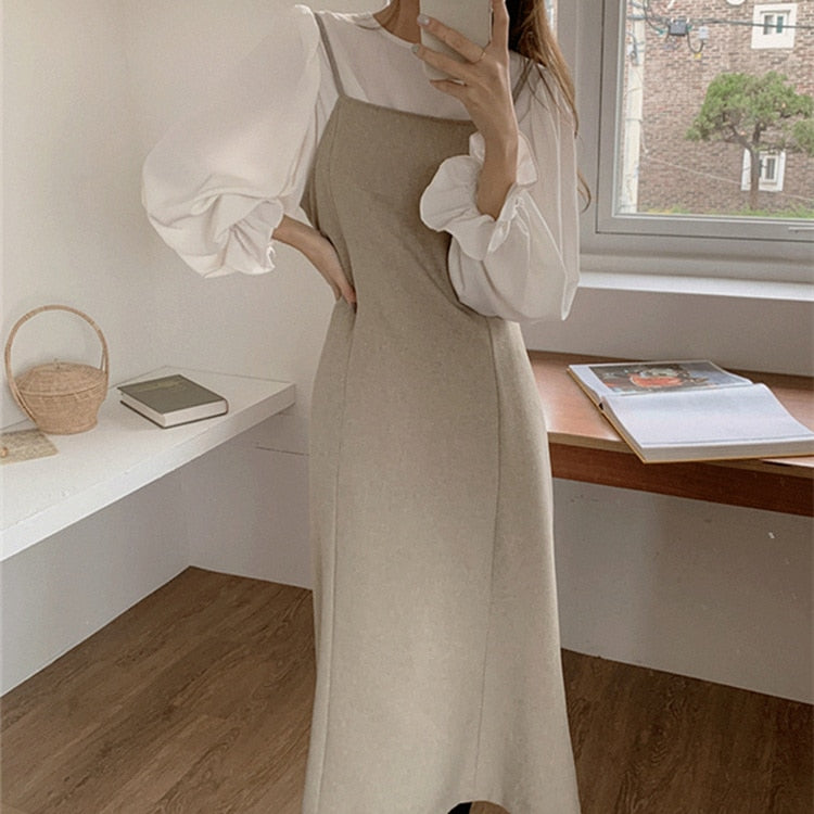 New 2022 Blouses Sleeveless Dresses Fashionable Elegant Vintage Lace Up Autumn Winter Women's Sets 2 Pieces Long Suits WS3270