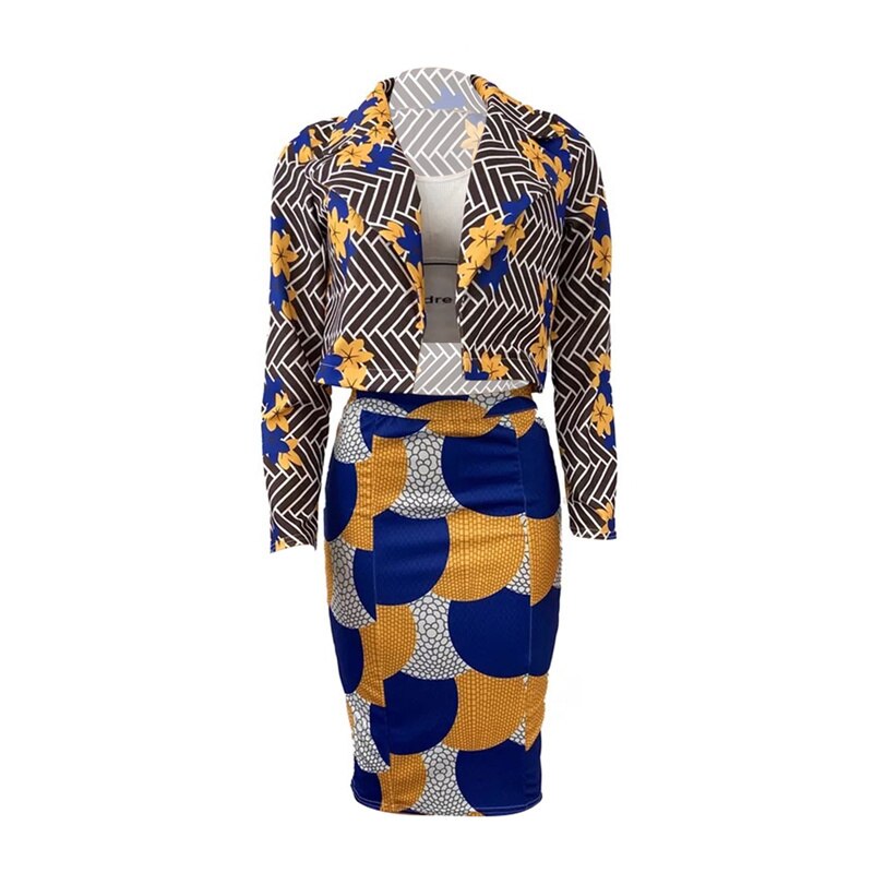 2Pcs Women Fashion and Elegance Outfits, Multicolor Print Lapel Long Sleeves Suit Jacket + High-Waist Knee-Dress for Ladies