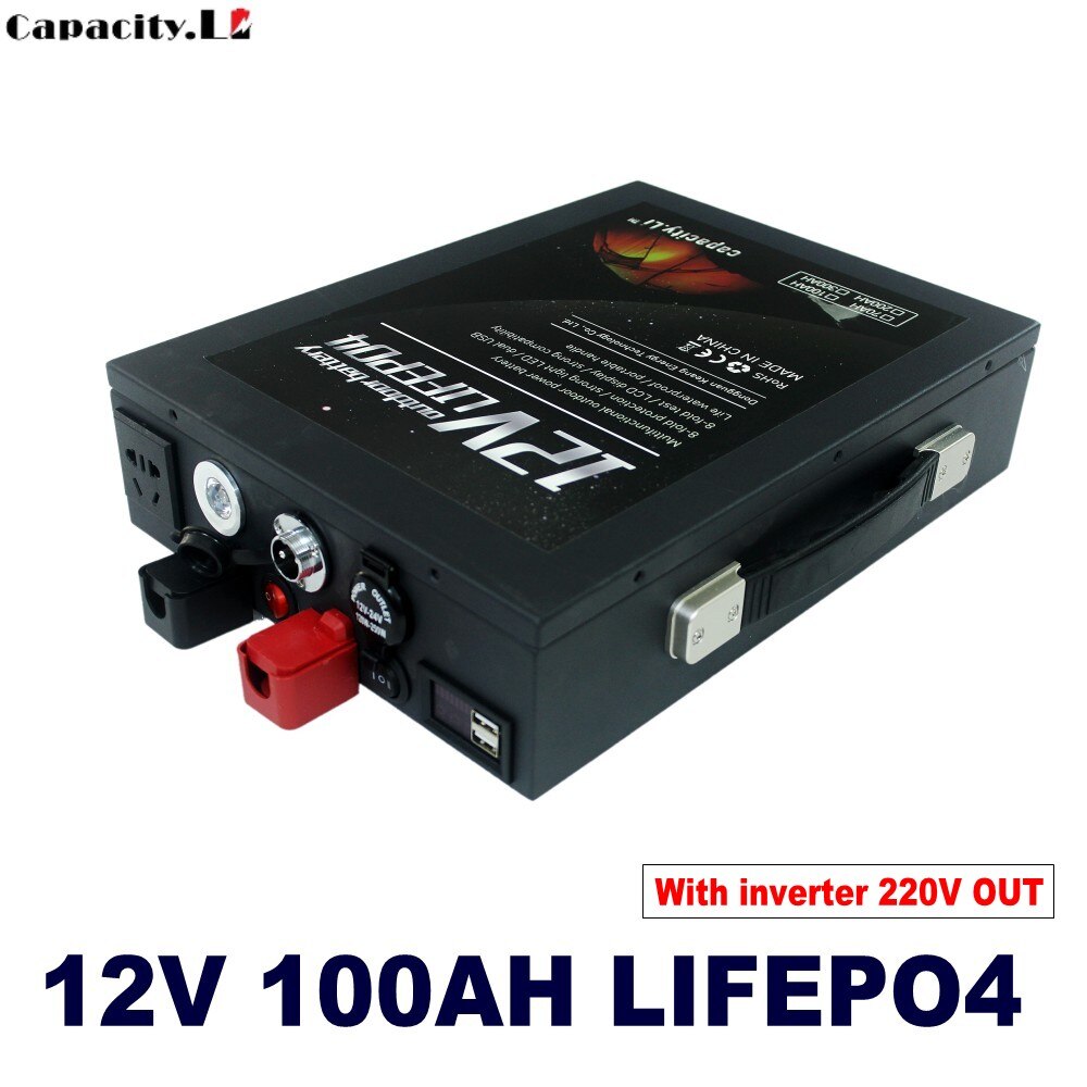 12V 100ah Rechargeable Battery 100A lifepo4 battery pack Inverter 220V AC350W with  Bms  For RV Solar and Engine  Boat