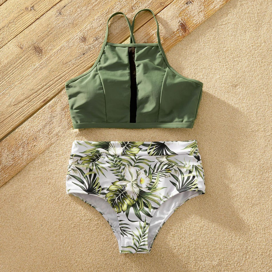 PatPat New Arrival Summer Tankini Palm Leaf Light Green Family Matching Swimsuits Swimwear Suits Children's Clothing