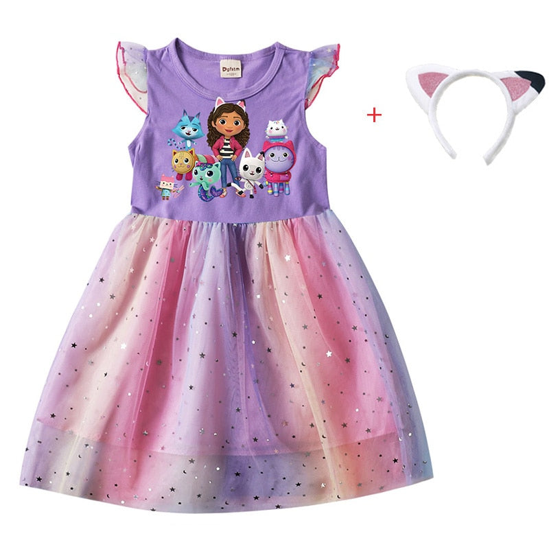 Cartoon Gabby Cats Baby Girl Dresses Kids Gabby's Doll House Clothes Cosplay Costume Children Fly Sleeve Casual Dress + Headband