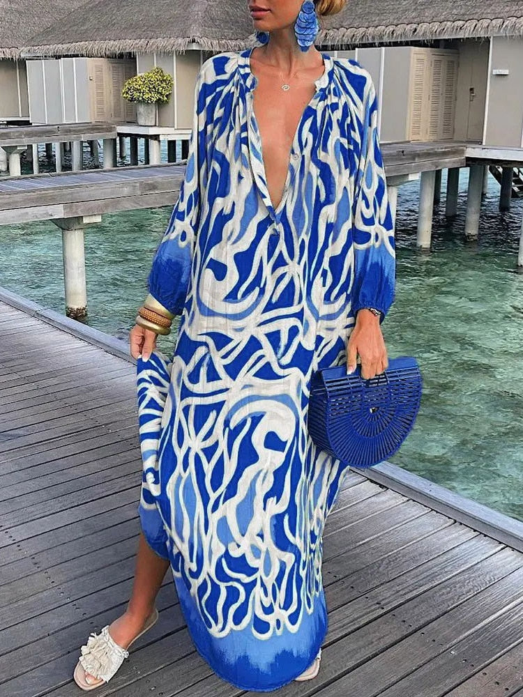 Women Boho Maxi Dress 2023 Summer Sexy Deep V-Neck Long Dresses Vintage Print Long Sleeve Loose Beach Cover Up Female Dress Robe