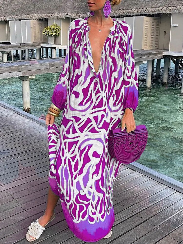 Women Boho Maxi Dress 2023 Summer Sexy Deep V-Neck Long Dresses Vintage Print Long Sleeve Loose Beach Cover Up Female Dress Robe