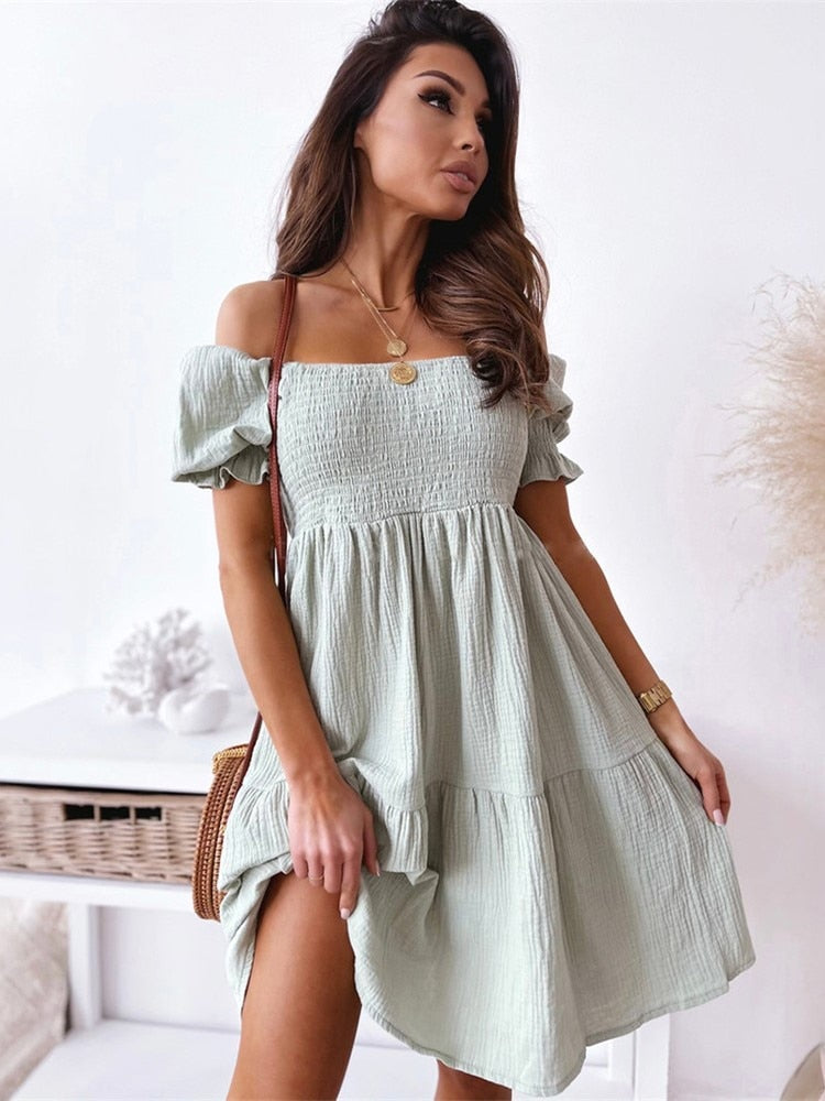 Women Sexy Backless Mini Dress 2023 Summer Fashion Lady Slash Neck White Puff Sleeve Big Swing Party Beach Dresses Casual Robe