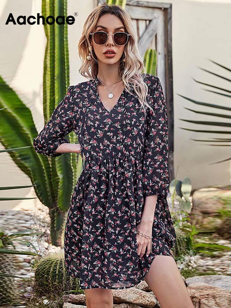 Aachoae Women Floral Print Holiday Chiffon Dresses 2021 Bow Tie V Neck Beach Mini Dress Boho Puff Sleeve Loose Casual Dress