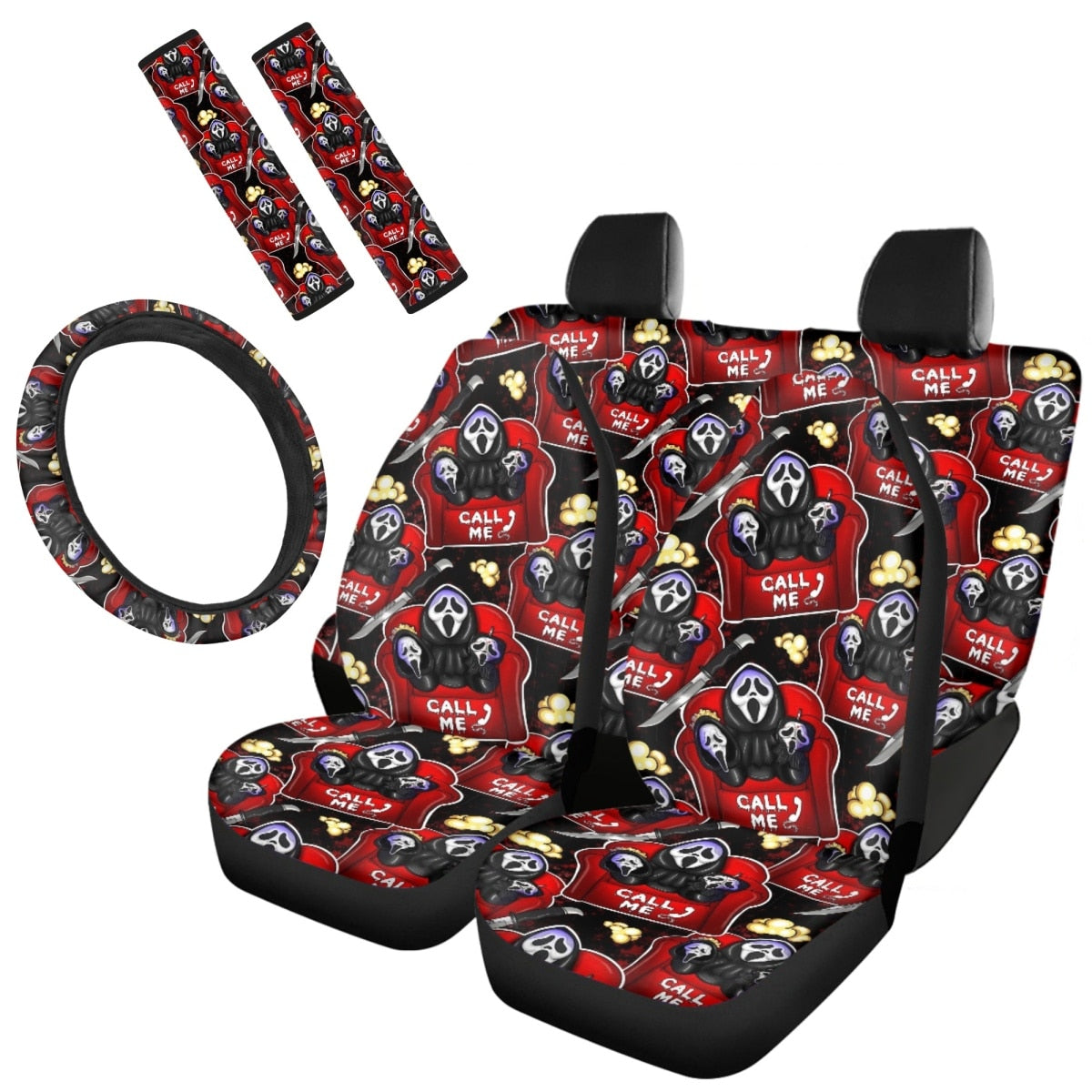 Horror Movie Killer Print Car Cushion Cover Seat Belt Cover Non-Slip Steering Wheel Cover Full Set Car Seat Halloween Decoration